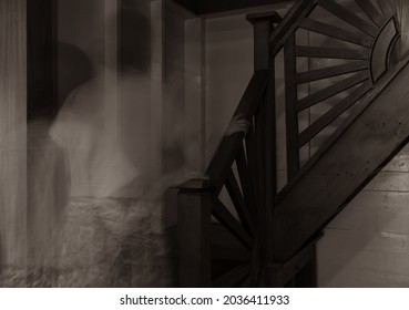 Ghost Walking Up Stairs In Old Vintage House. Long Exposure Technique