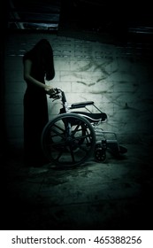 Ghost Woman With Wheelchair In Asylum,Scary Background For Book Cover