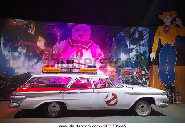 Ghostbusters car ECTO 1 in\
movie decorations at Route 66 Museum - St. Petersburg, Russia, June\
2022
