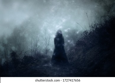 A ghostly blurred woman in a dress standing floating on a country path. With a grunge, vintage textured edit.                