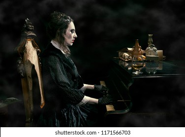 Ghostly woman in black playing piano