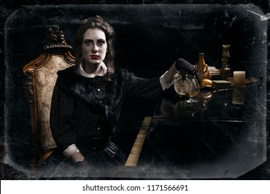 Ghostly woman in black sitting by the piano