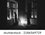 Ghosts in abandoned, haunted house. Horror scene of scary spirits, halloween concept.