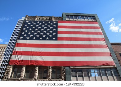 A Giant American Flag On A Building Of Memphis, USA