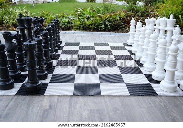A giant black and white chess set is placed on a\
chessboard. A large plastic chess set, divided by color, is placed\
in front of a building near the garden. For playing games or just\
for beauty