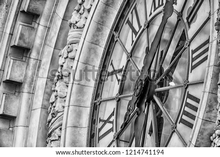 
Giant clock on the facade of Musée d'Orsay in Paris France. Monochrom