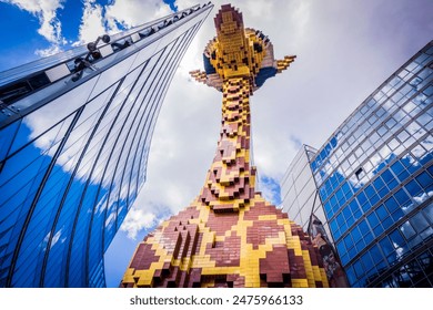 giant giraffe built with Lego pieces, Potsdamer Platz buildings, Berlin, germany, europe