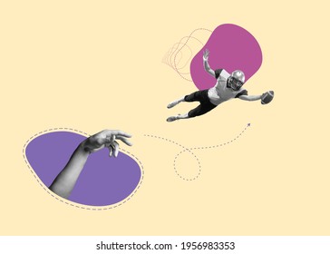Giant hand's pushing american football player to fly up. Contemporary art collage, modern design. Aesthetic of hands. Trendy pastel colors. Copyspace for your ad or text. Surreal conceptual poster.
