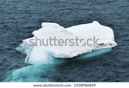 A giant iceberg, a remnant of a glacier, floats in the frigid polar sea under a clear blue sky