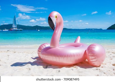 Giant Inflatable Pink Flamingo Pool Float Toy On The Tropical Beach, Sea 