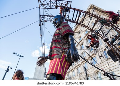 Giant little boy towering over the streets of Liverpool.Captured on day two (Saturday 6th October 2018) in Liverpool during Liverpool's Dream - the final saga of the Giants by Royal De Luxe.