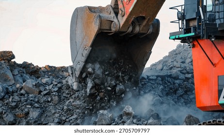 Giant mining excavator in the process of extracting rock material in an open pit mine