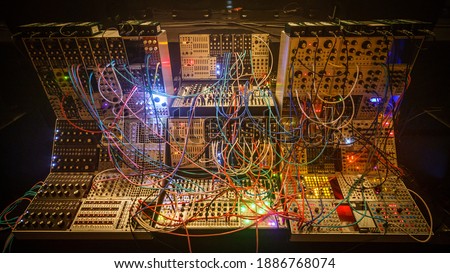 Giant modular synthesizer awaiting a performance in the large concert hall of the city of Utrecht.