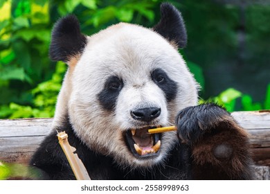 The Giant Panda Bear sits while eating a bamboo stalk. The giant panda, Ailuropoda melanoleuca