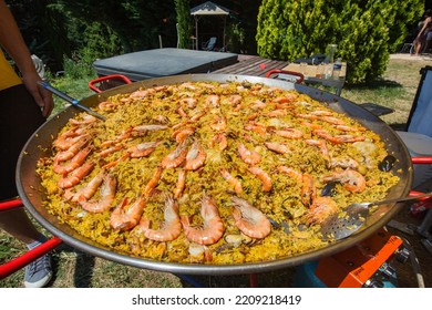 Giant Plate Of Paella With Big Shrimps