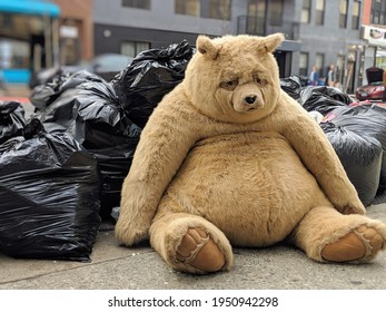 
Giant Sad Bear Stuffed Animal Sits on the Sidewalk near the Trash