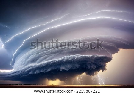 Giant scary tornado and thunderstorm in stormy landscape