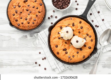 Giant Skillet Cookie With Chocolate Chips Served With Ice Cream.