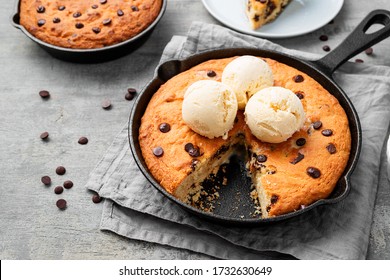 Giant Skillet Cookie With Chocolate Chips Served With Ice Cream.