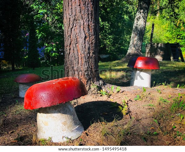 Giant Three Decorative Mushrooms Red Heads Stock Image Download Now
