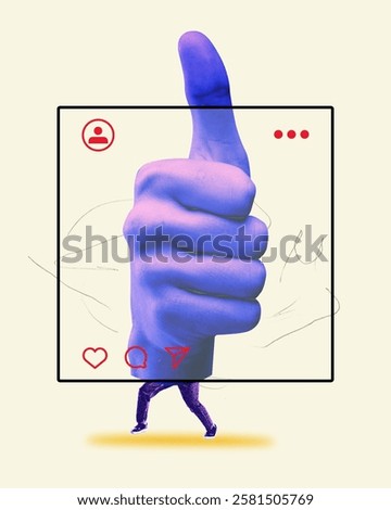 Giant thumbs-up hand inside framed social media post. Approval, engagement, and community support in digital world. Concept of online communication, networking, social media. Print, noise effect