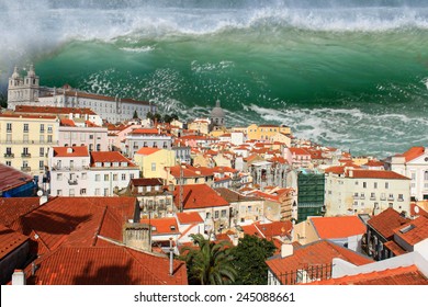 Riesenwelle oder Tsunami, die in den Häusern von Lissabon abstürzen