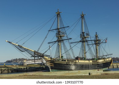 Giant Vintage Sailing Ship At Dock In Northern Massachusetts On Clear Day