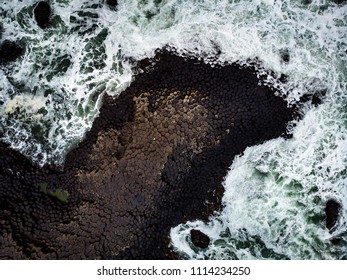 Giant's Causeway Aerial View After The Rain Without Tourists. Baslt Rocks With Waves.