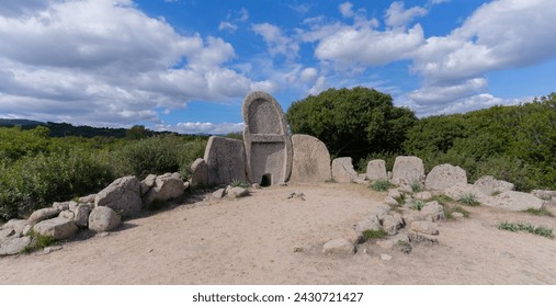 Giants' grave of Coddu Vecchiu built during the bronze age by the nuragic civilization, Doragli, Sardinia, Italy