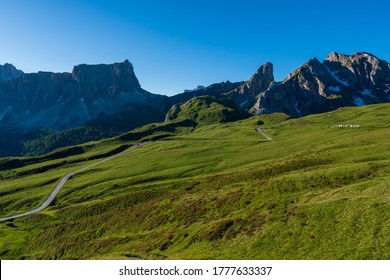 Giau Pass at daylight. Road to the mountain. Clear sky. Italy