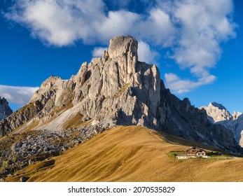 Giau Pass, San Vito di Cadore, Province of Belluno, Italy. The Dolomite Alps, Italy. View of the mountains and high cliffs during sunset. Natural landscape. Photo in high resolution.
