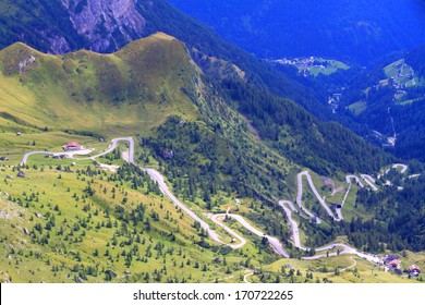 Giau pass seen from Averau summit, Dolomite Alps, Italy