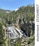 Gibbon Falls cascades down rugged cliffs on a clear summer day in Yellowstone, its water sparkling in the sunlight. The surrounding greenery adds to the peaceful beauty of this natural wonder.