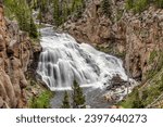 The Gibbon River flows through a canyon and tumbles down a rocky cascade at Gibbon Falls in Yellowstone National Park, Wyoming.