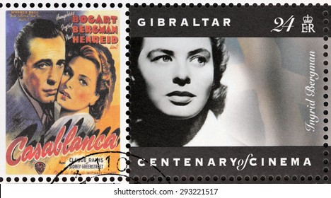 GIBRALTAR - CIRCA 1995. A Postage Stamp Printed By GIBRALTAR Shows Swedish Actress Ingrid Bergman And American Actor Humphrey Bogart Starring In The Film Casablanca, Circa 1995.