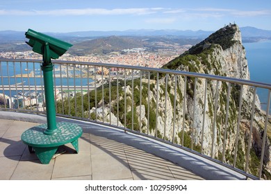 Gibraltar Rock Vantage Point On Southern Iberian Peninsula, La Linea City In Spain At The Far End.