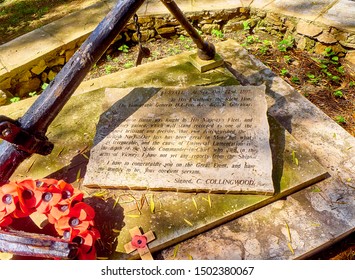 Gibraltar, UK - June 29, 2019. A Gravestone Of The Trafalgar Cemetery In The British Overseas Territory Of Gibraltar. Here Lie The Remains Of Some Soldiers Who Died After The Battle Of Trafalgar.