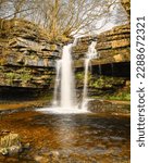 Gibson Cave below Summerhill Force, on Bow Lee Beck which runs through a ravine in Upper Teesdale near Newbiggin and is in the North Pennines AONB, as a tributary to the River Tees