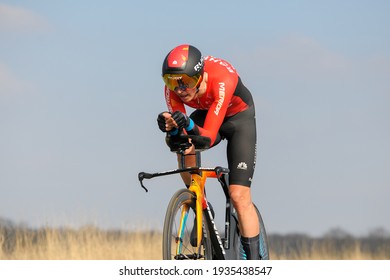 Gien, France, 9 March, 2021. Dylan Teuns (Bahrain Victorious Team) In Full Effort During Individual Time Trial In Paris-Nice Cycling Race Stage 3