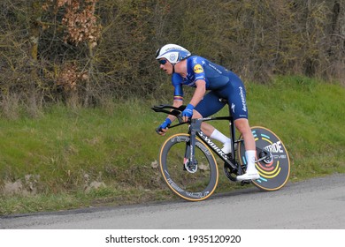 Gien, France, March 9, 2021. Yves Lampaert (Deceuninck Quick-step Team) In Full Effort During Individual Time Trial In Paris-Nice Cycling Race Stage 3