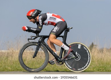 Gien, France - March 9, 2021. Thomas De Gendt (Lotto Soudal Team), In Full Effort During Individual Time Trial In Paris-Nice Cycling Race Stage 3