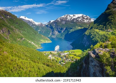 Gieranger Fjord, Ship And Village In More Og Romsdal, Norway, Northern Europe