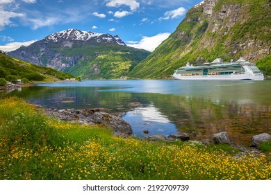 Gieranger Fjord, Ship And Village In More Og Romsdal, Norway, Northern Europe