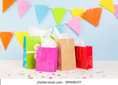 Gift Bags At The Kids Birthday Party On The Table.