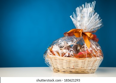 Gift Basket Against Blue Background