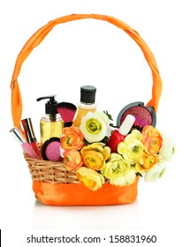 Gift Basket With Cosmetics Isolated On White