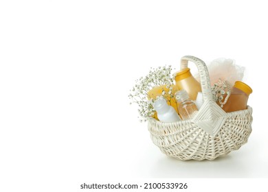 Gift Basket With Cosmetics Isolated On White Background