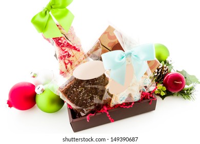 Gift Basket With Gourmet Chocolates On A White Background.