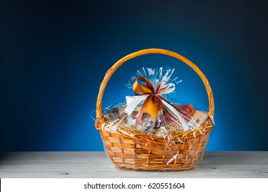 Gift Basket On Blue Background