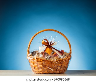 Gift Basket On Blue Background